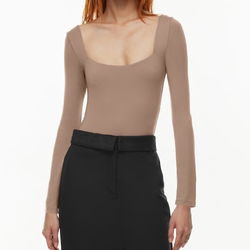 Babaton Long Sleeve Contour Square Neck Bodysuit in Deep Taupe